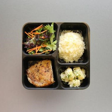 Pan Fried Chicken, Buttered Rice served with Green Salad and Potato Salad