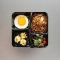 Stir-fried Noodles served with Fried Egg & Chicken Siew Mai